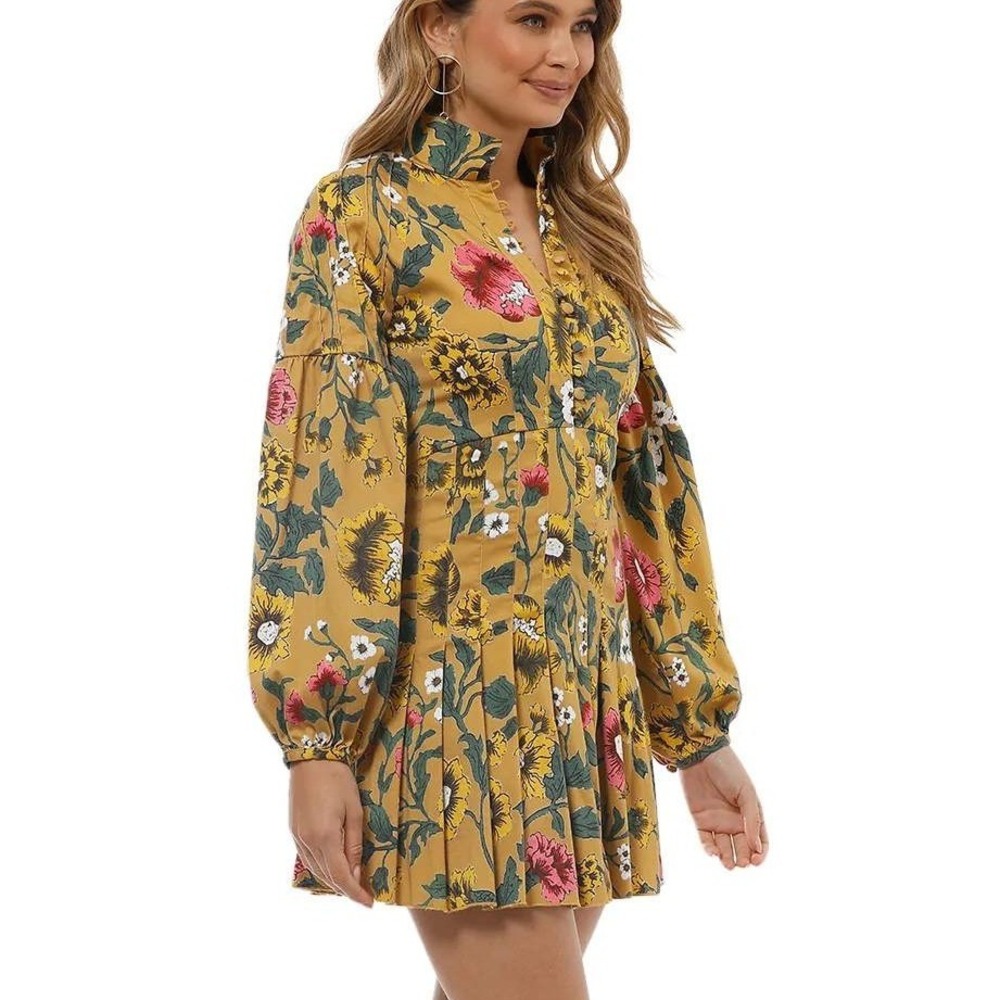 C/MEO COLLECTIVE Floral Mock Neck Pleated Mini Dress Mustard Tan Pink Medium